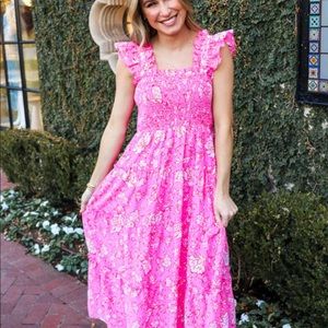 J Marie Rosie ruffle strap smocked pink dress